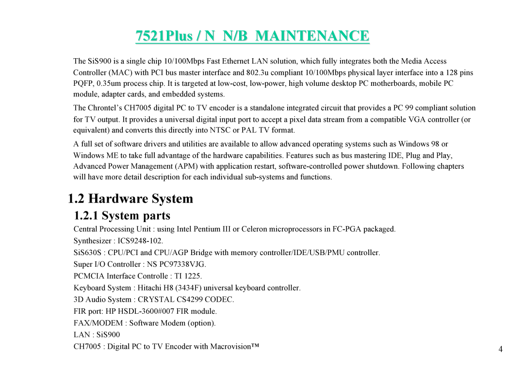 MiTAC 7521 PLUS/N service manual Hardware System, System parts, 7521Plus / N N/B MAINTENANCE 