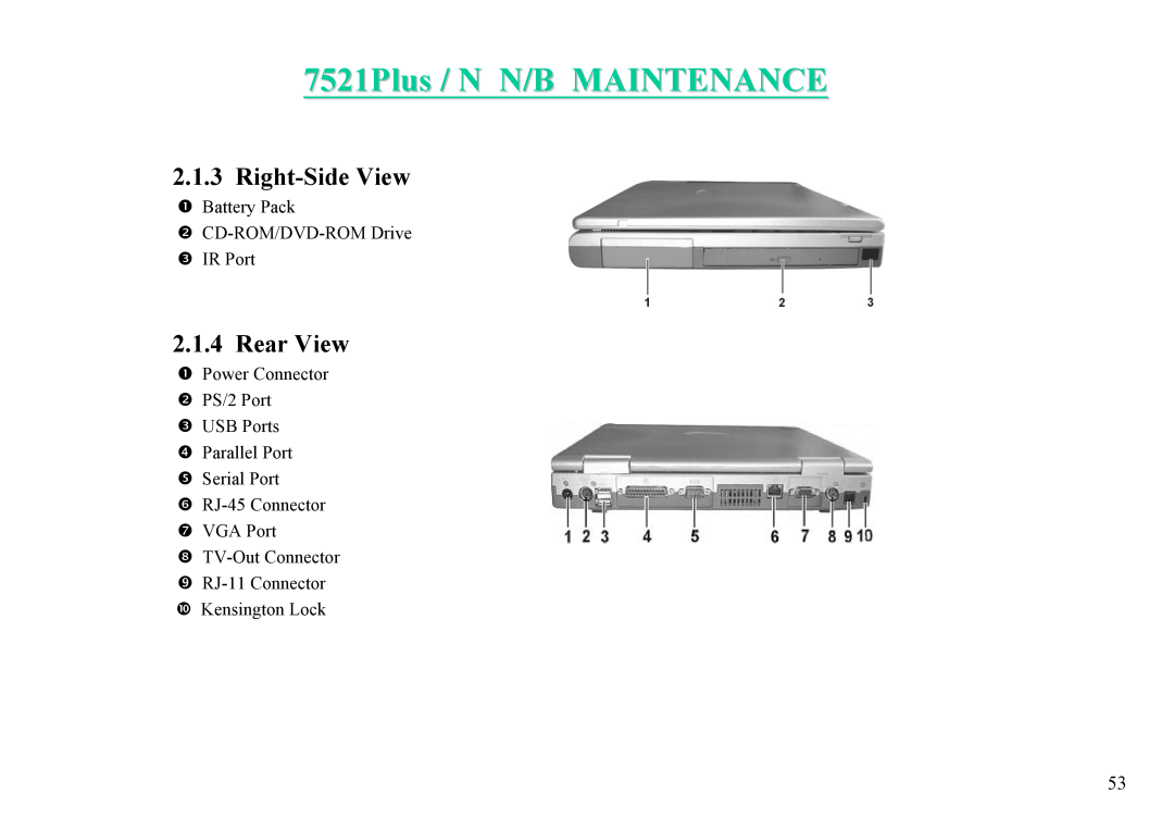 MiTAC 7521 PLUS/N service manual 7521Plus / N N/B MAINTENANCE, Right-Side View, Rear View, n Power Connector o PS/2 Port 