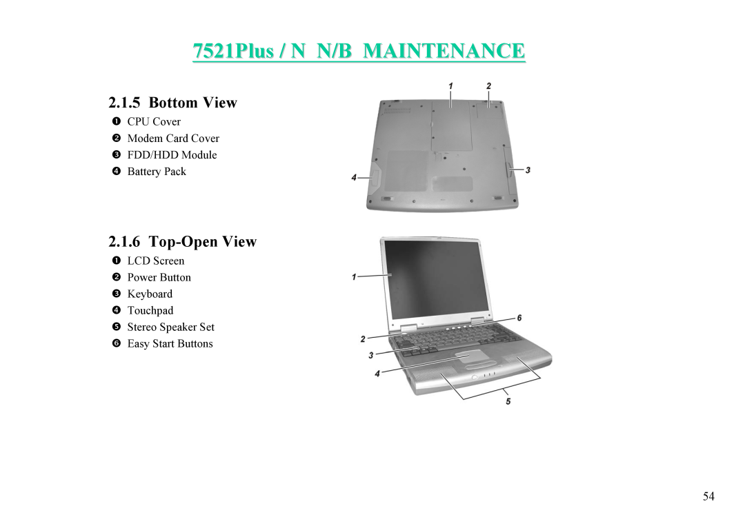 MiTAC 7521 PLUS/N service manual 7521Plus / N N/B MAINTENANCE, Bottom View, Top-Open View 