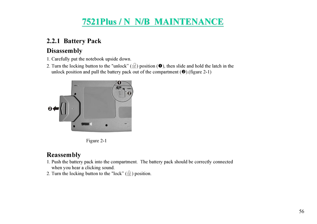 MiTAC 7521 PLUS/N service manual 7521Plus / N N/B MAINTENANCE, Battery Pack Disassembly, Reassembly 