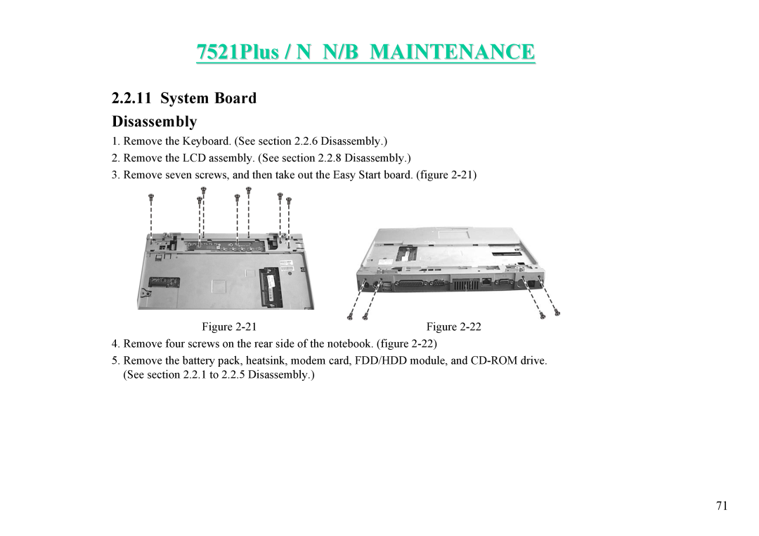 MiTAC 7521 PLUS/N service manual 7521Plus / N N/B MAINTENANCE, System Board Disassembly 