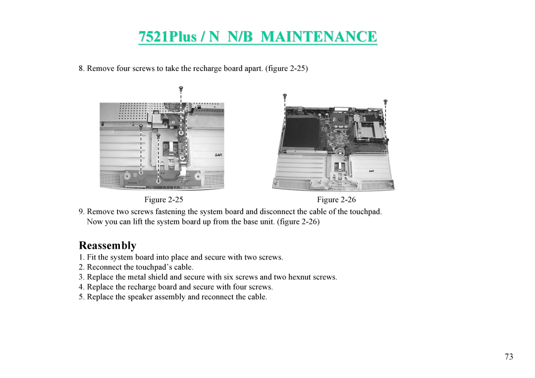 MiTAC 7521 PLUS/N service manual 7521Plus / N N/B MAINTENANCE, Remove four screws to take the recharge board apart. figure 