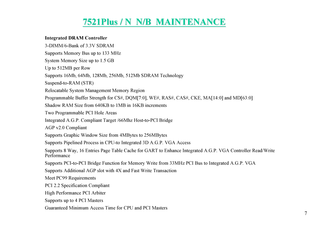 MiTAC 7521 PLUS/N service manual 7521Plus / N N/B MAINTENANCE, Integrated DRAM Controller 