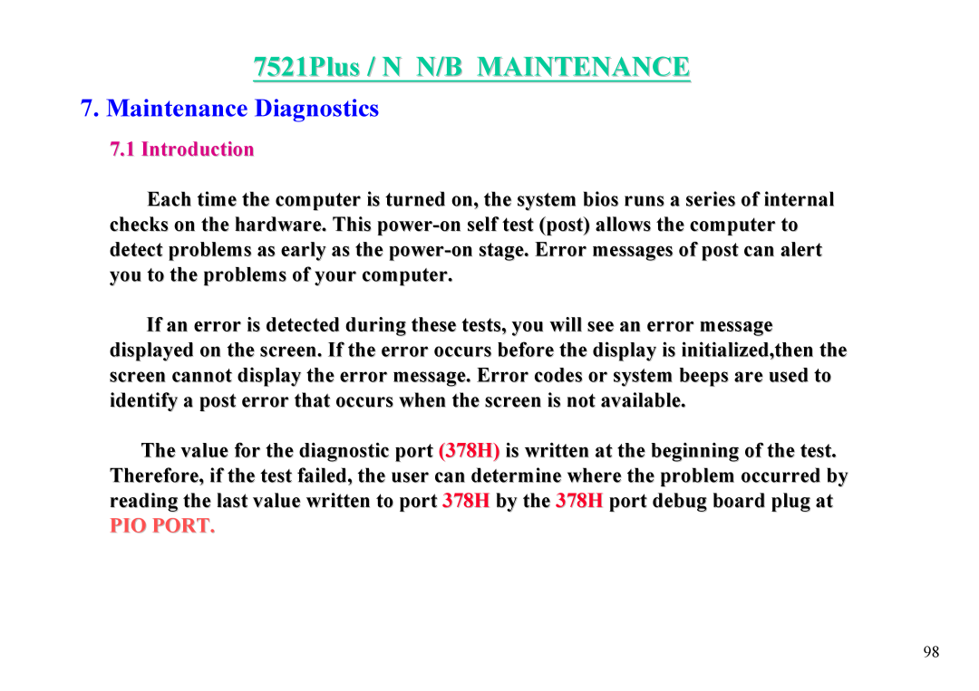 MiTAC 7521 PLUS/N service manual Maintenance Diagnostics, 7521Plus / N N/B MAINTENANCE, Introduction, Pio Port 