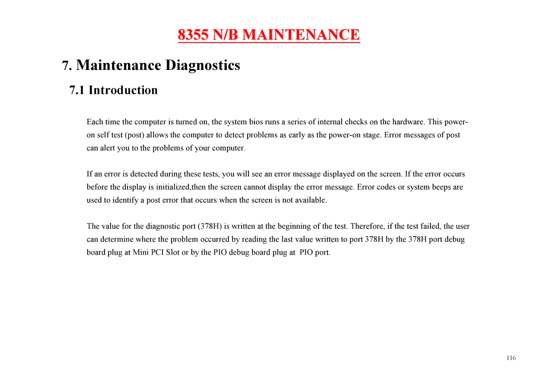 MiTAC 8355 service manual Maintenance Diagnostics 