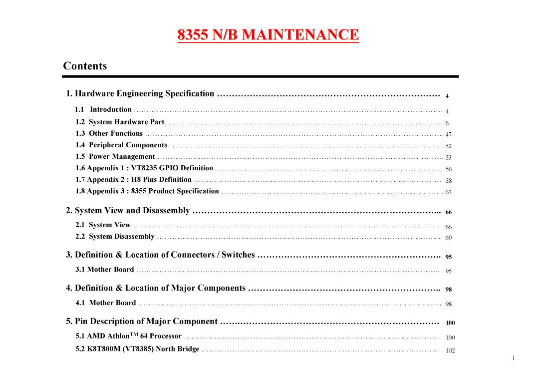 MiTAC service manual 8355 N/B Maintenance, Contents 