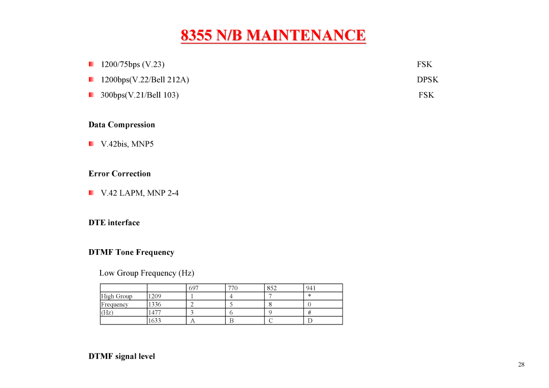 MiTAC 8355 service manual Data Compression, Error Correction, DTE interface Dtmf Tone Frequency, Dtmf signal level 