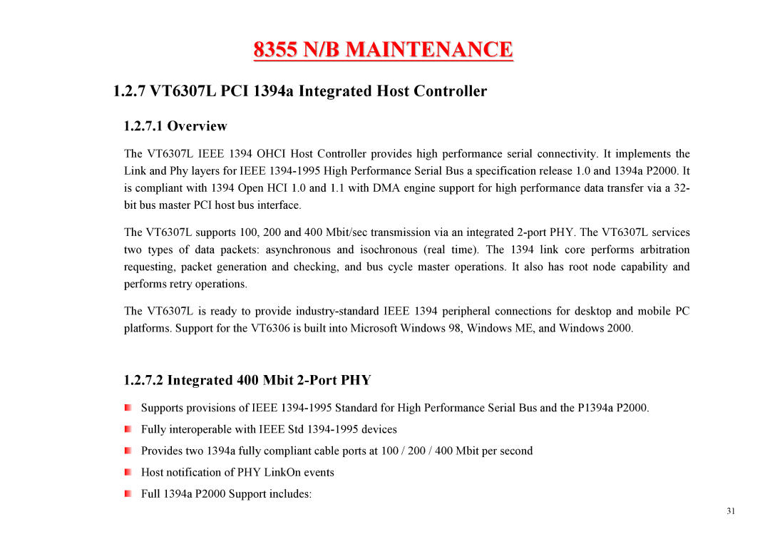 MiTAC 8355 service manual 7 VT6307L PCI 1394a Integrated Host Controller, Overview, Integrated 400 Mbit 2-Port PHY 