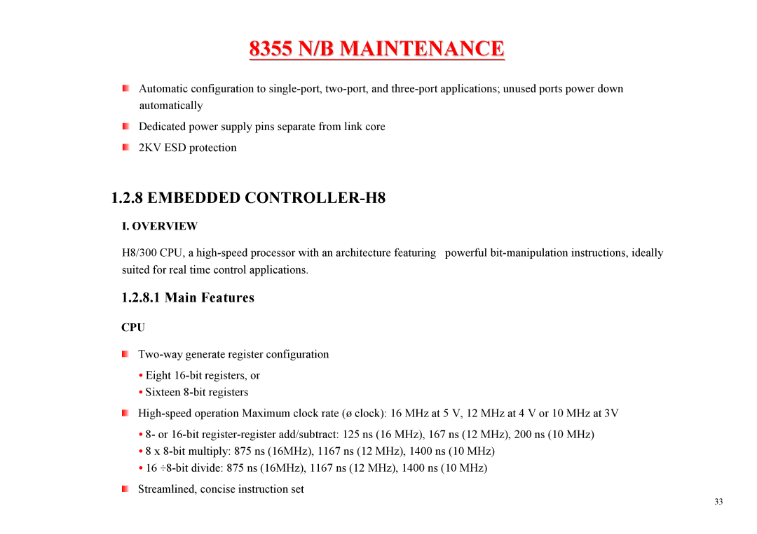 MiTAC 8355 service manual Embedded CONTROLLER-H8, Main Features 