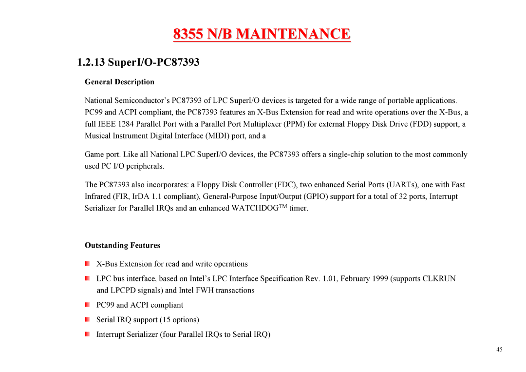 MiTAC 8355 service manual SuperI/O-PC87393, General Description, Outstanding Features 