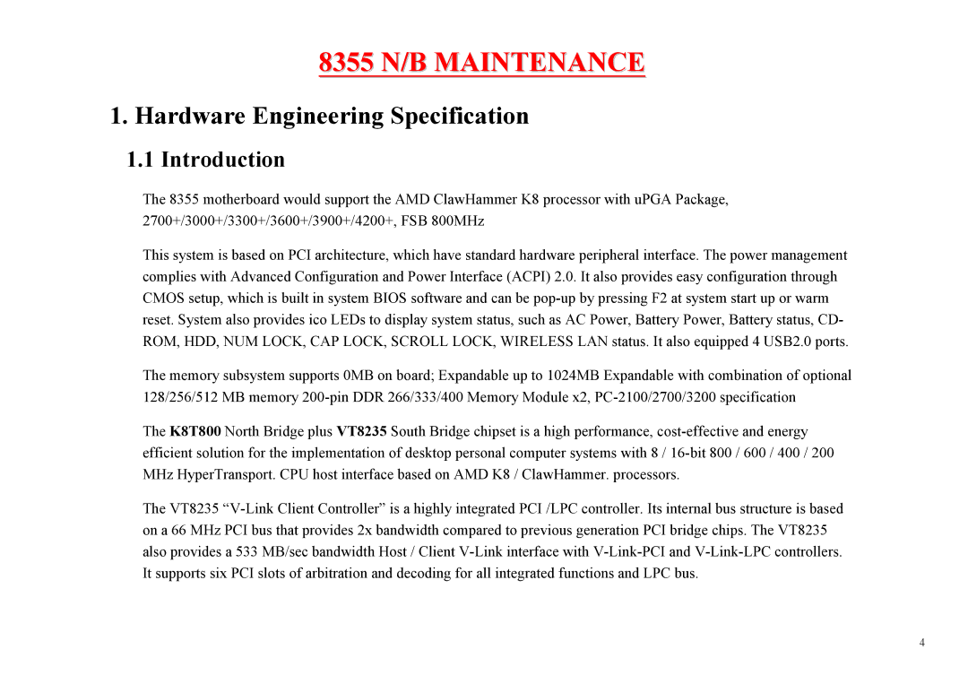 MiTAC 8355 service manual Hardware Engineering Specification, Introduction 