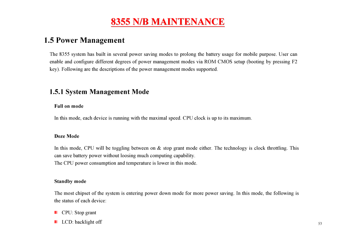 MiTAC 8355 service manual Power Management, System Management Mode, Full on mode, Doze Mode, Standby mode 