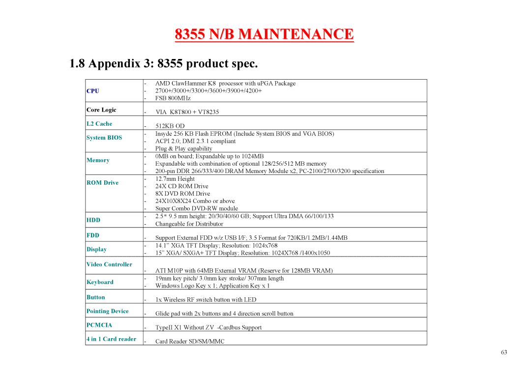 MiTAC service manual Appendix 3 8355 product spec, Cpu 