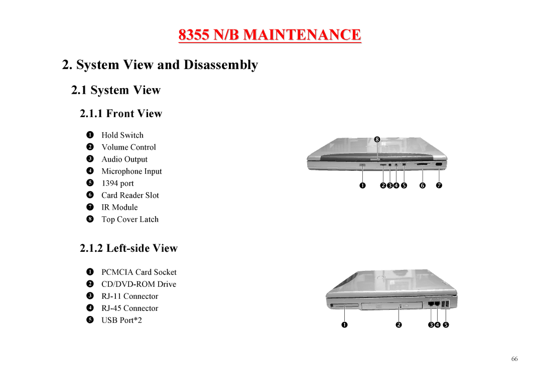 MiTAC 8355 service manual System View and Disassembly, Front View, Left-side View 