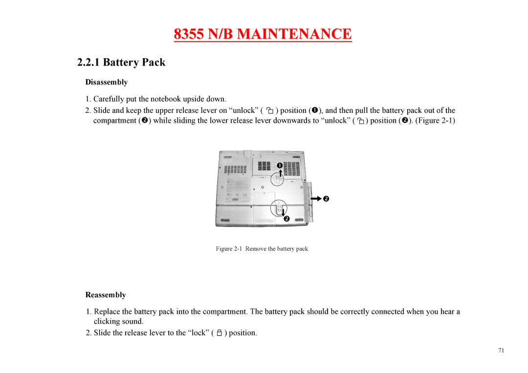 MiTAC 8355 service manual Battery Pack, Disassembly, Reassembly 