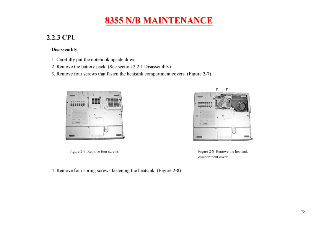 MiTAC 8355 service manual 3 CPU, Remove four screws 