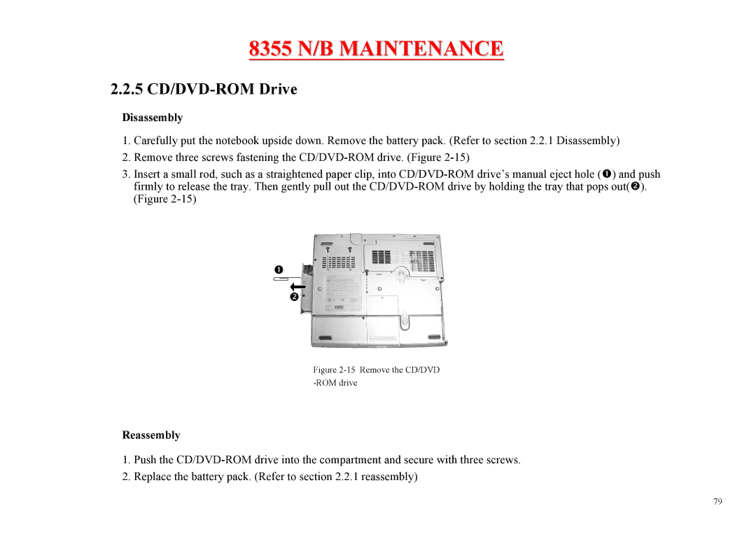 MiTAC 8355 service manual 5 CD/DVD-ROM Drive, Remove the CD/DVD -ROM drive 