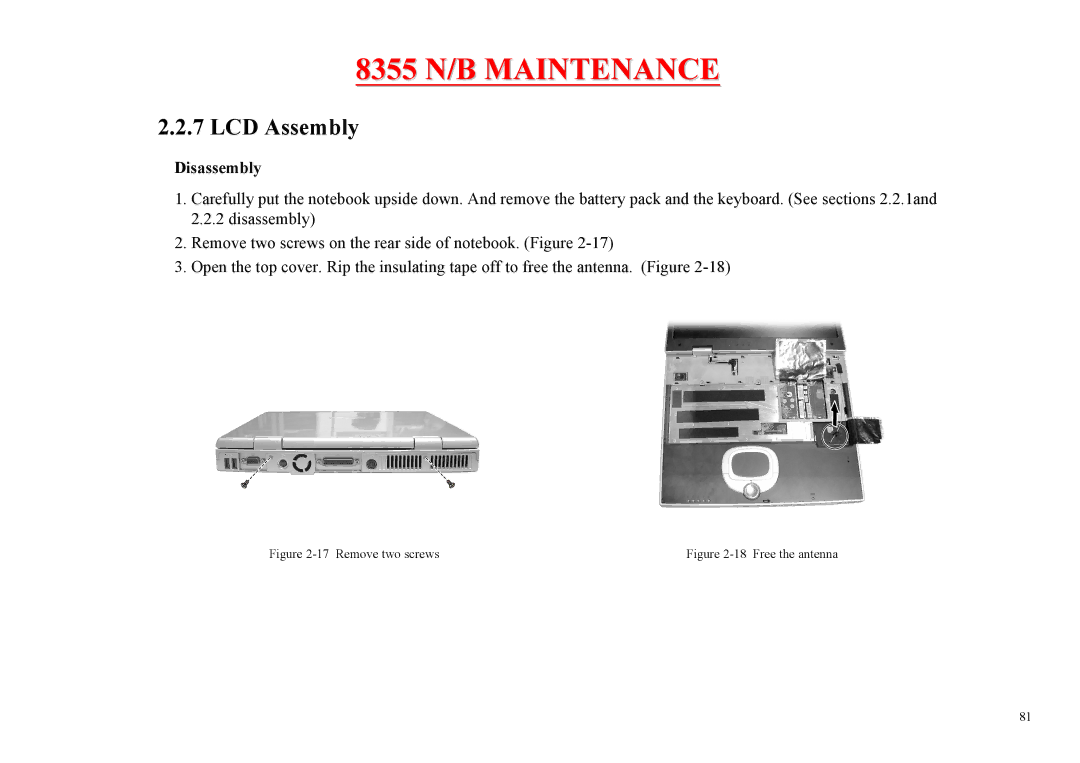 MiTAC 8355 service manual LCD Assembly, Remove two screws 