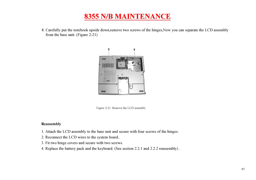 MiTAC 8355 service manual Remove the LCD assembly 