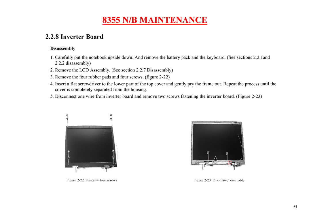 MiTAC 8355 service manual Inverter Board, Unscrew four screws 