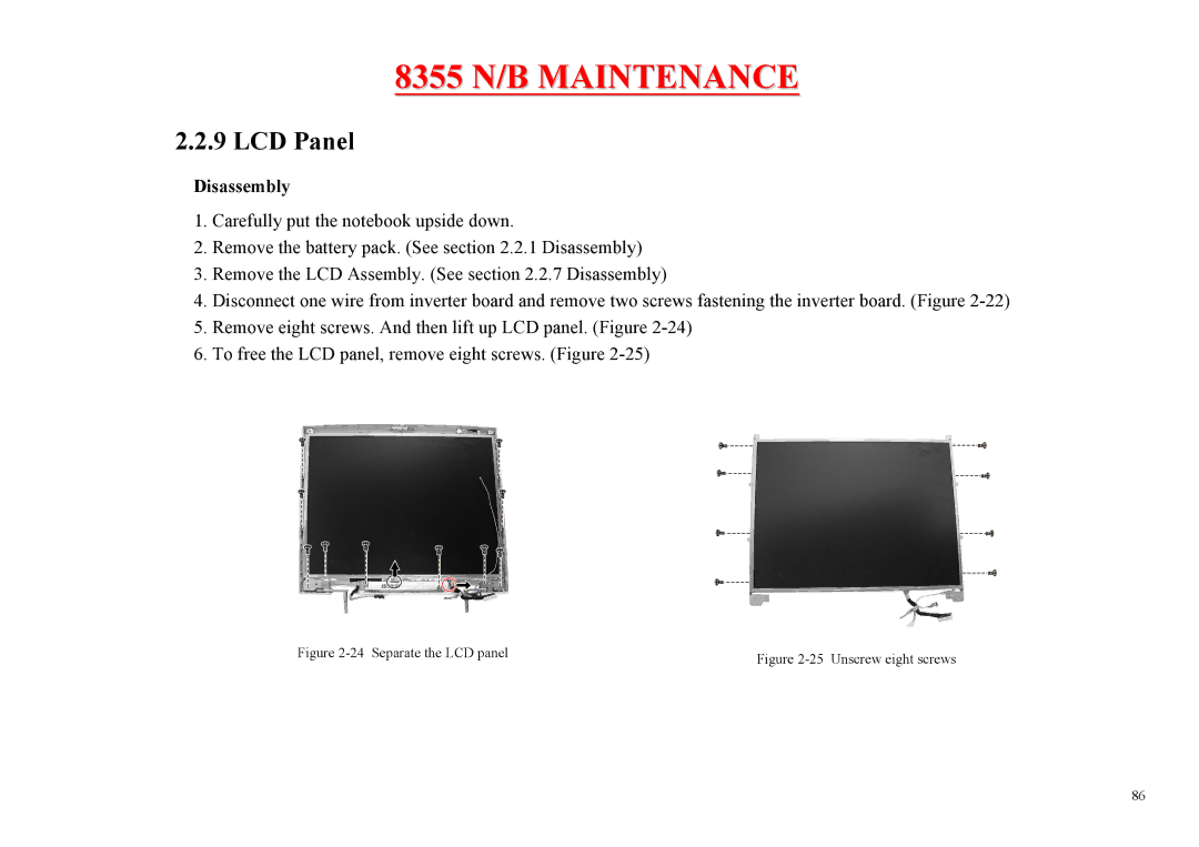 MiTAC 8355 service manual LCD Panel, Separate the LCD panel 