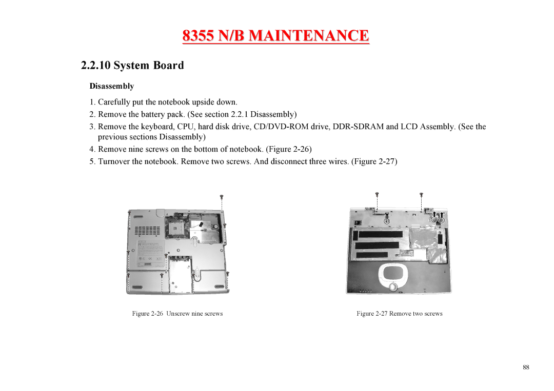 MiTAC 8355 service manual System Board, Unscrew nine screws 