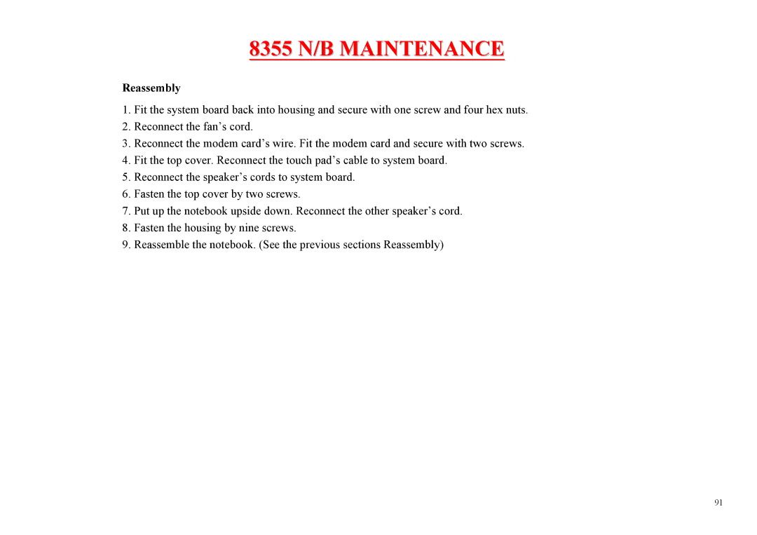 MiTAC 8355 service manual Reassembly 