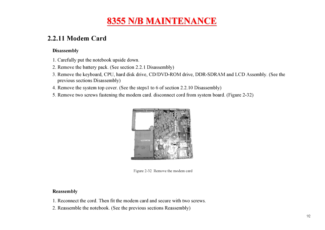 MiTAC 8355 service manual Modem Card, Remove the modem card 