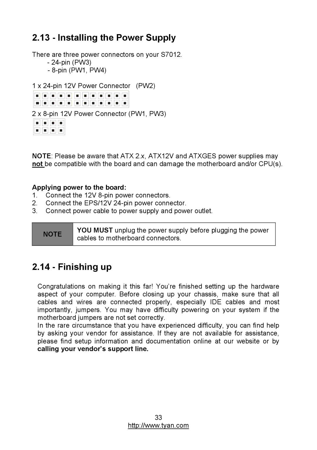 MiTAC S7012 warranty Installing the Power Supply, Finishing up, Applying power to the board 