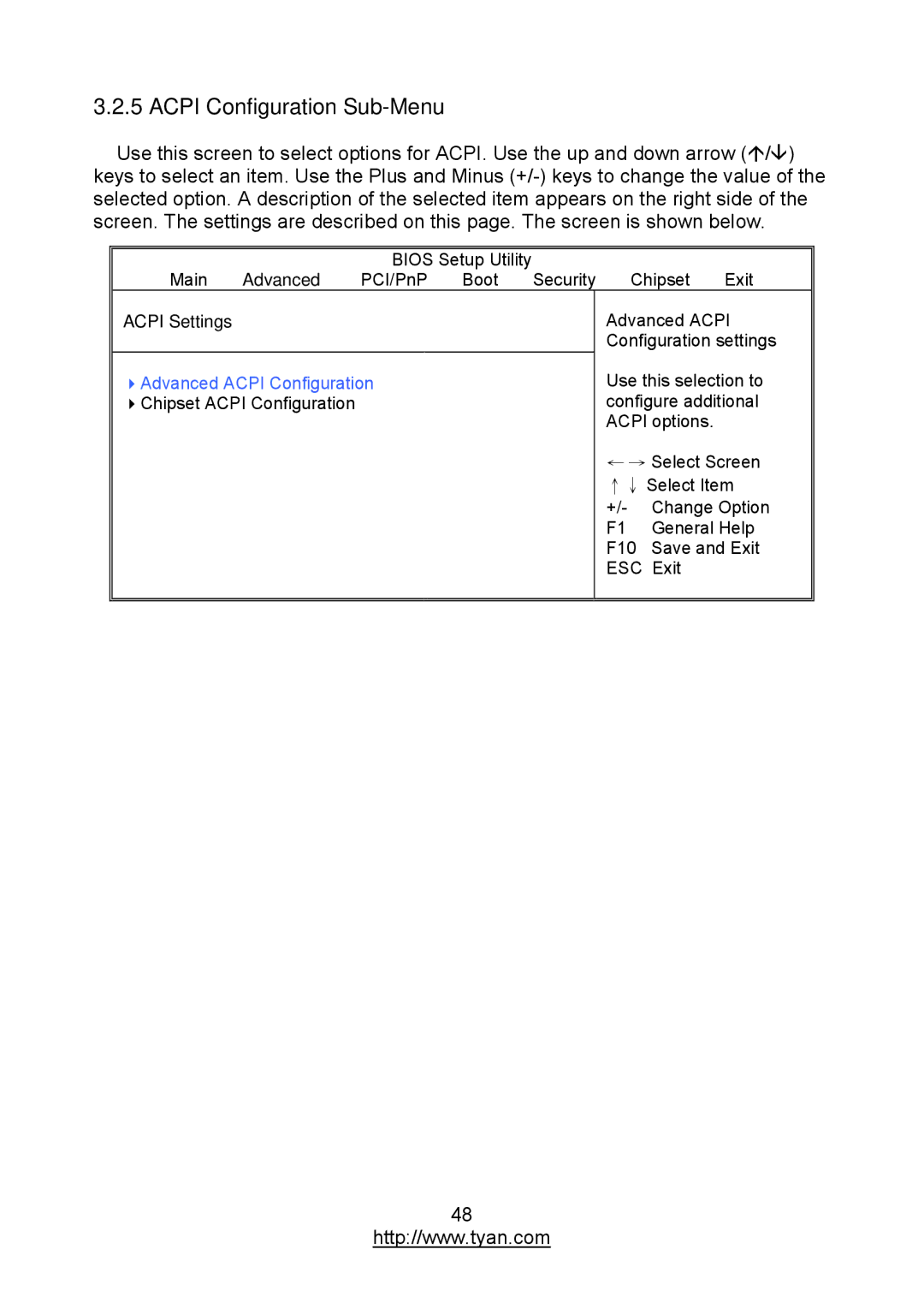 MiTAC S7012 warranty Acpi Configuration Sub-Menu, Advanced Acpi Configuration 