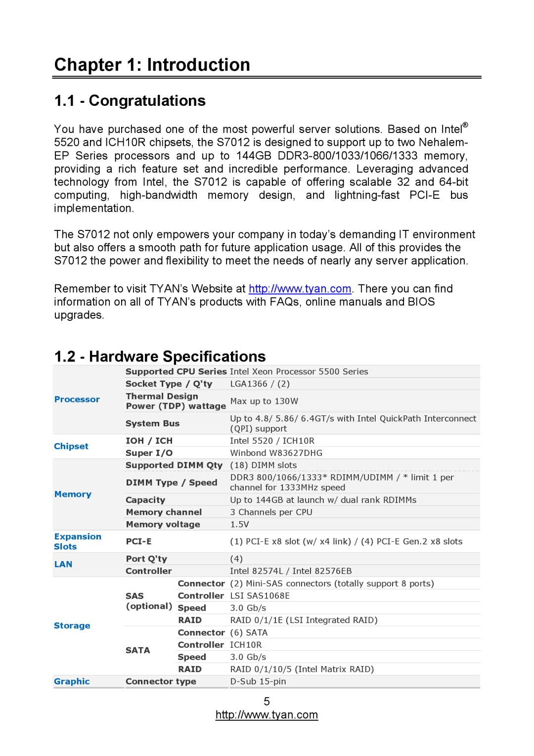 MiTAC S7012 warranty Congratulations, Hardware Specifications 