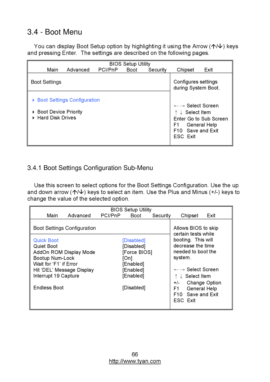 MiTAC S7012 warranty Boot Menu, Boot Settings Configuration Sub-Menu 