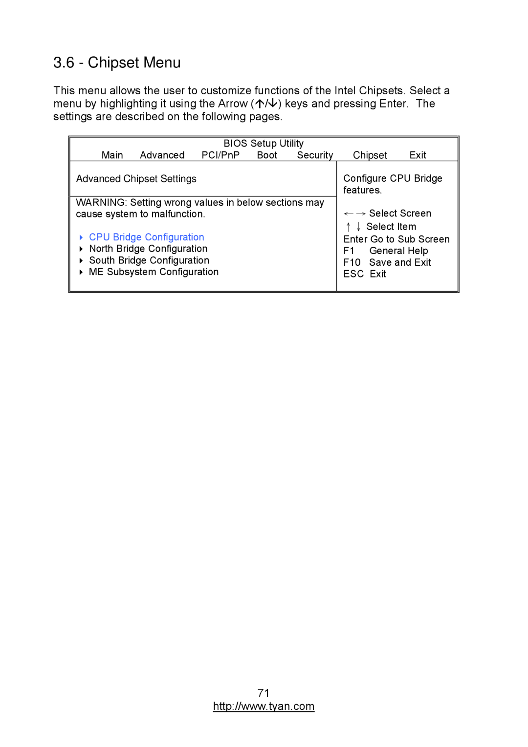 MiTAC S7012 warranty Chipset Menu, Advanced Chipset Settings, CPU Bridge Configuration 