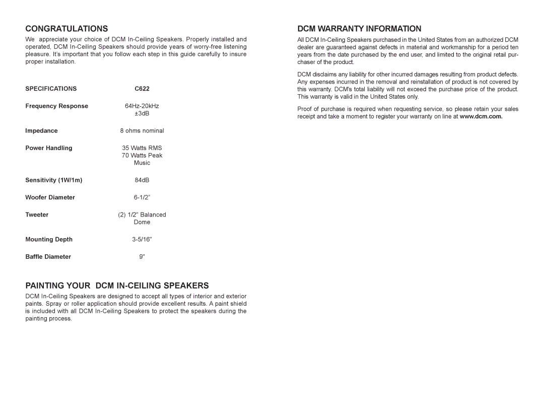 Mitek C622 owner manual Congratulations, Painting Your DCM IN-CEILING Speakers, DCM Warranty Information, Specifications 