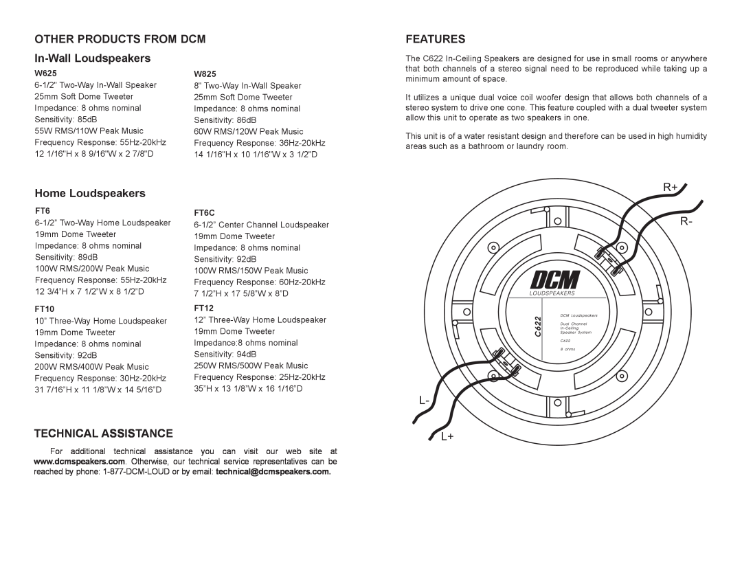 Mitek C622 owner manual Other Products From Dcm, Features, In-WallLoudspeakers, Home Loudspeakers, Technical Assistance 