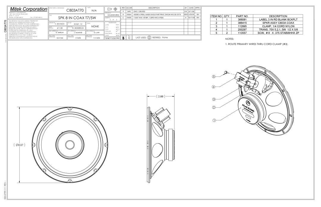 Mitek C803AT70 manual Mitek Corporation, SPK 8 in Coax T7/5W, None, Route Primary Wires Thru Cord Clamp #3 