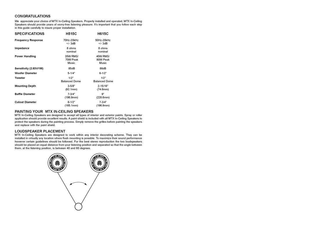 Mitek H515C, H615C Congratulations, Specifications, Painting Your MTX IN-CEILING Speakers, Loudspeaker Placement 