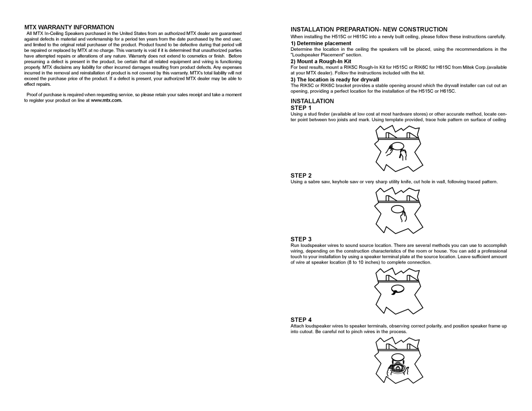 Mitek H515C, H615C owner manual MTX Warranty Information, Installation PREPARATION- NEW Construction, Installation Step 