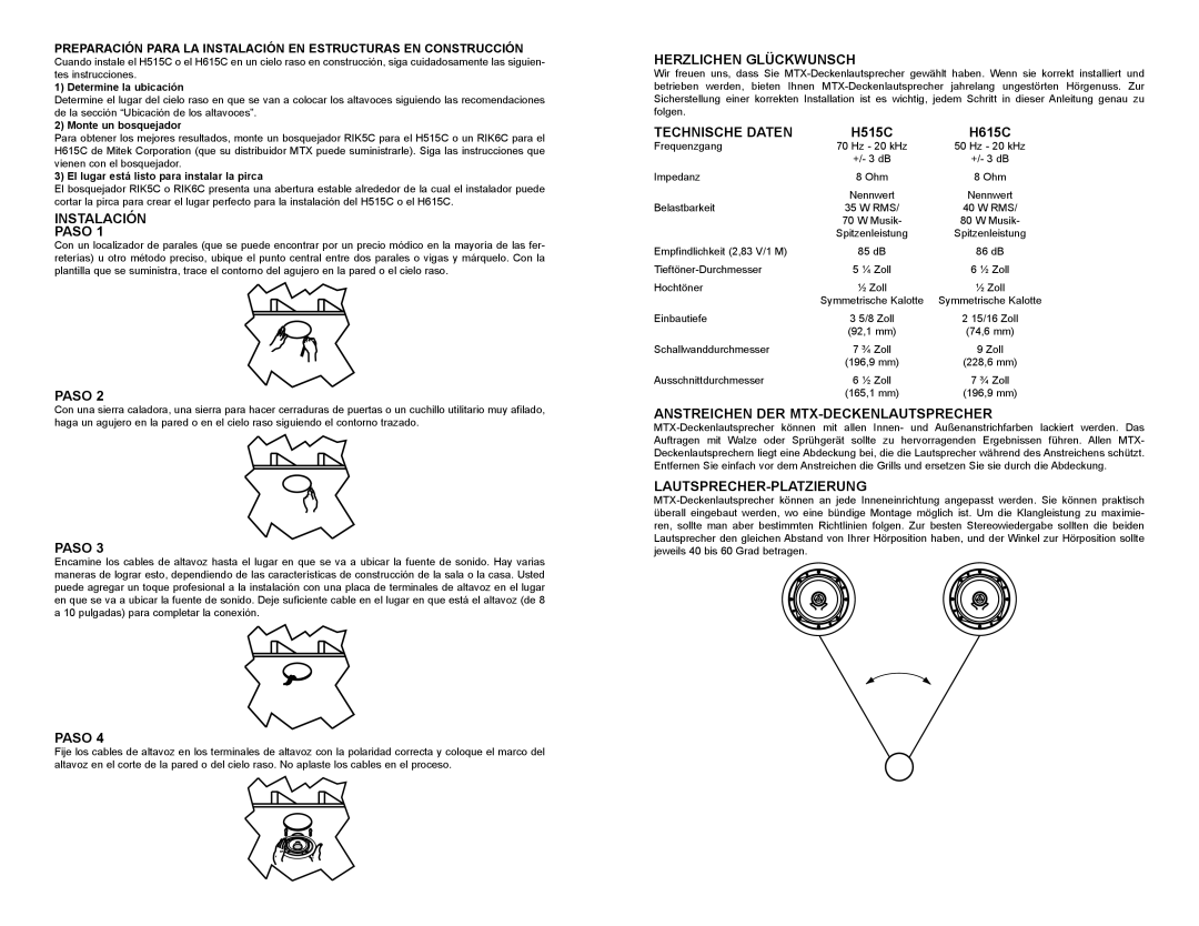 Mitek H515C, H615C Instalación Paso, Paso Herzlichen Glückwunsch, Technische Daten, Anstreichen DER MTX-DECKENLAUTSPRECHER 