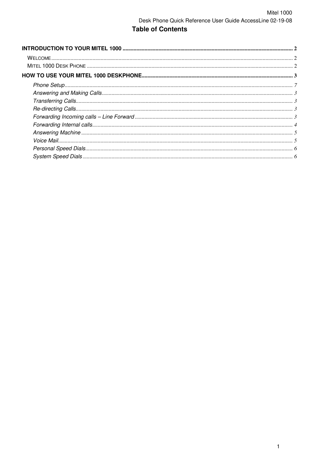 Mitel 1000 manual Table of Contents 