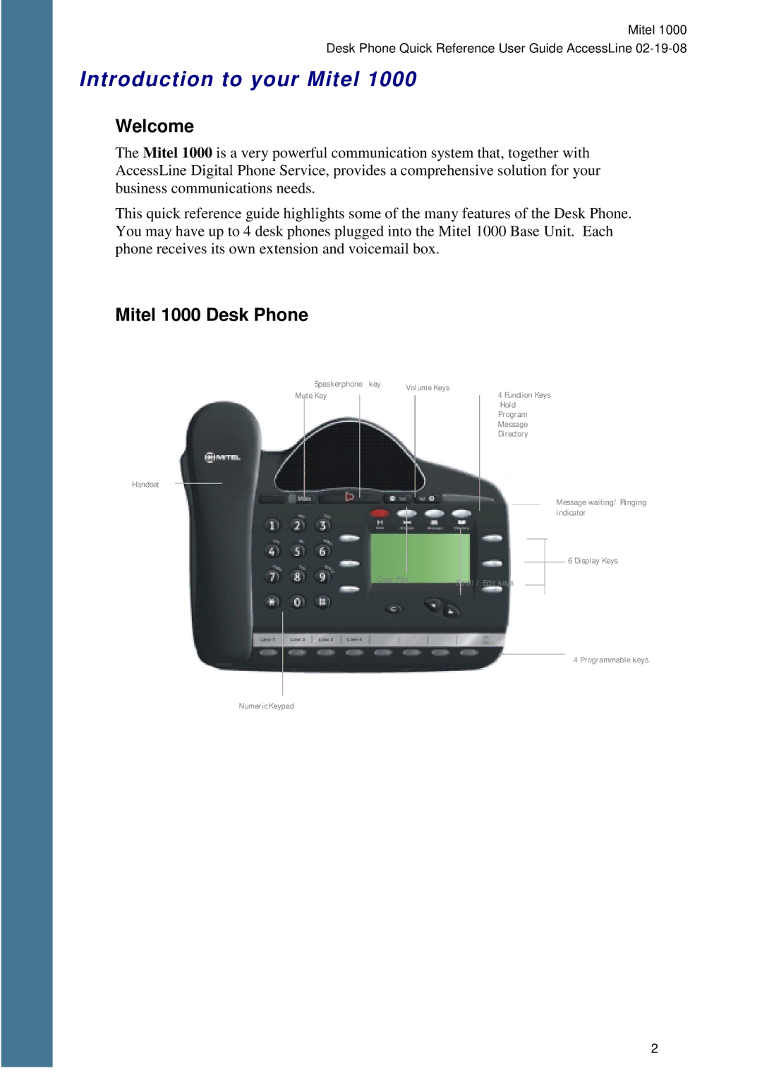 Mitel 1000 manual Introduction to your Mitel, Welcome 