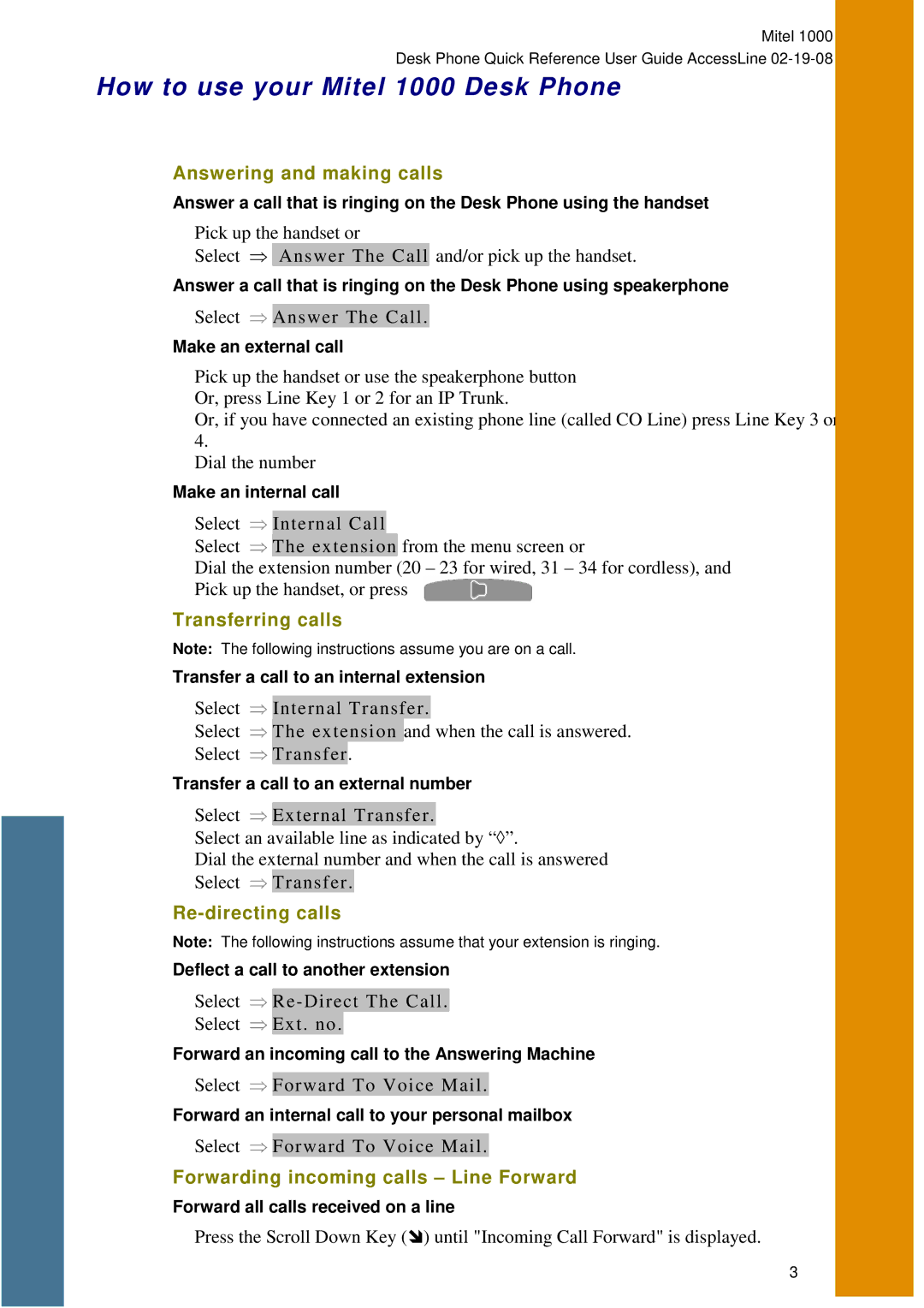 Mitel manual How to use your Mitel 1000 Desk Phone, Answering and making calls, Transferring calls, Re-directing calls 