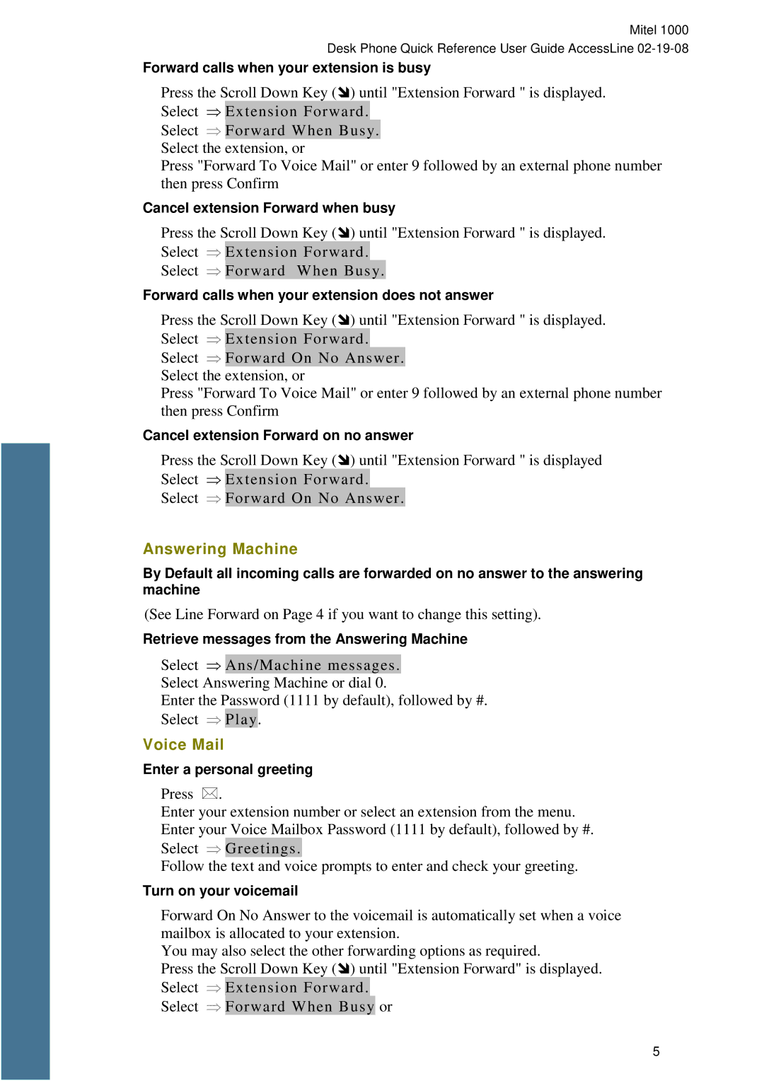 Mitel 1000 manual Answering Machine, Voice Mail 