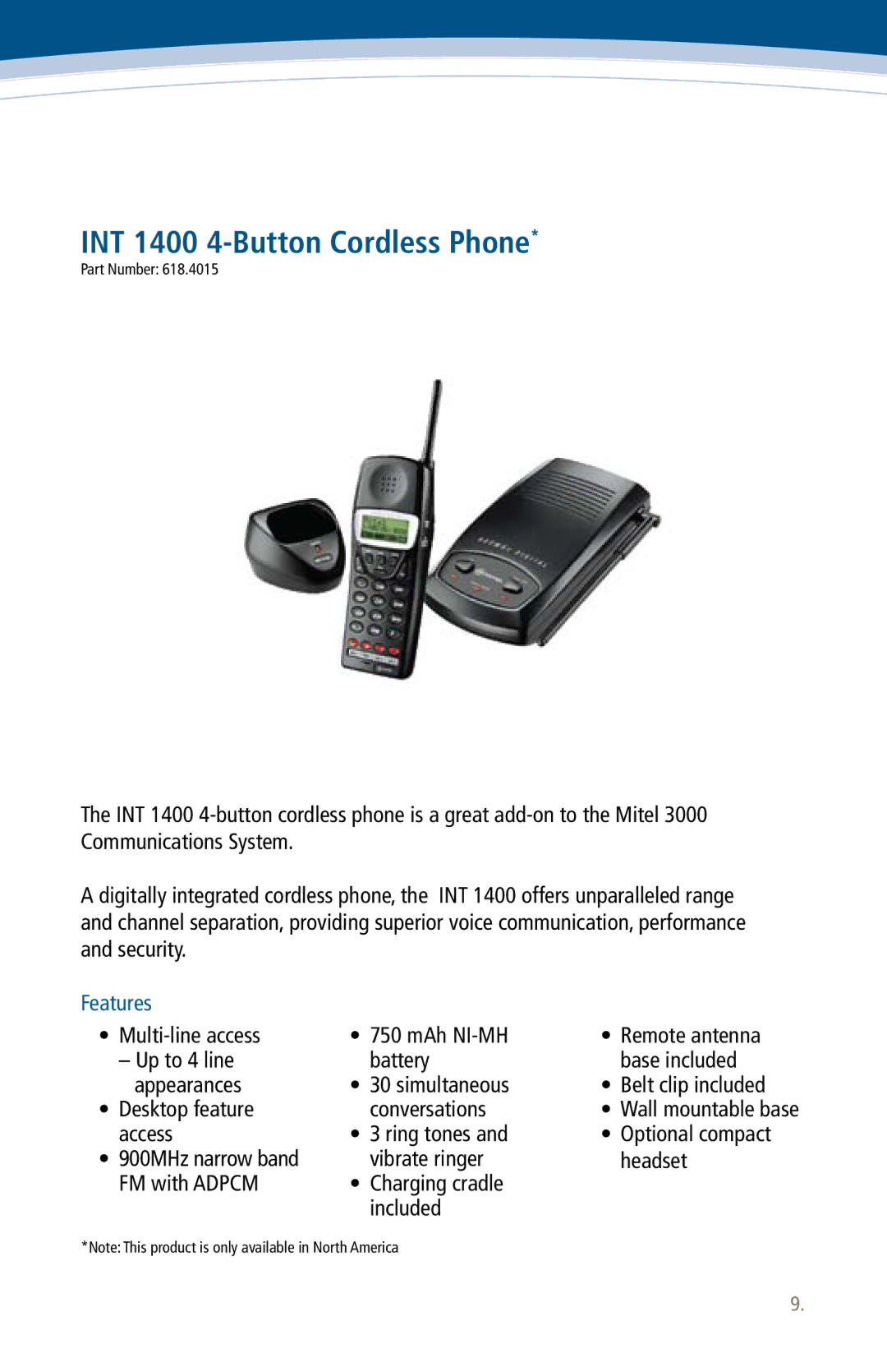 Mitel 3000 manual INT 1400 4-Button Cordless Phone 