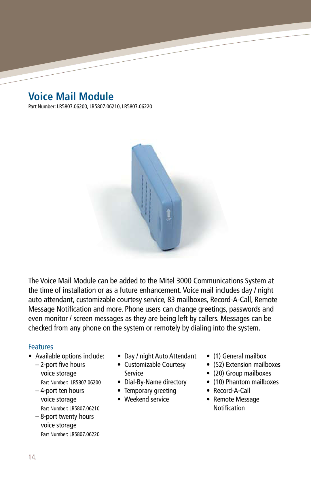 Mitel 3000 manual Voice Mail Module 