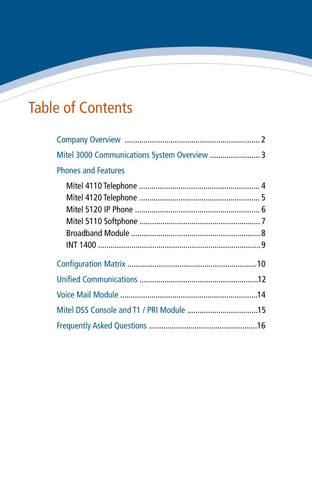 Mitel 3000 manual Table of Contents 