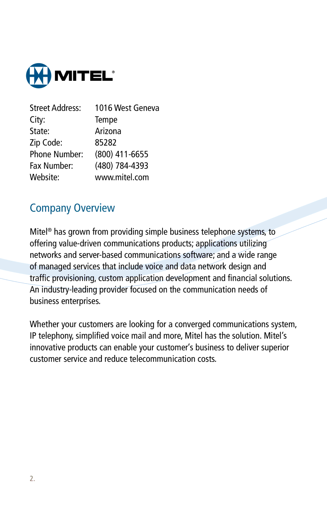 Mitel 3000 manual Company Overview 