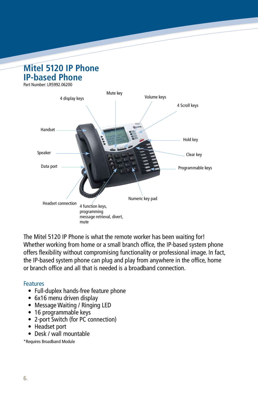 Mitel 3000 manual Mitel 5120 IP Phone IP-based Phone 