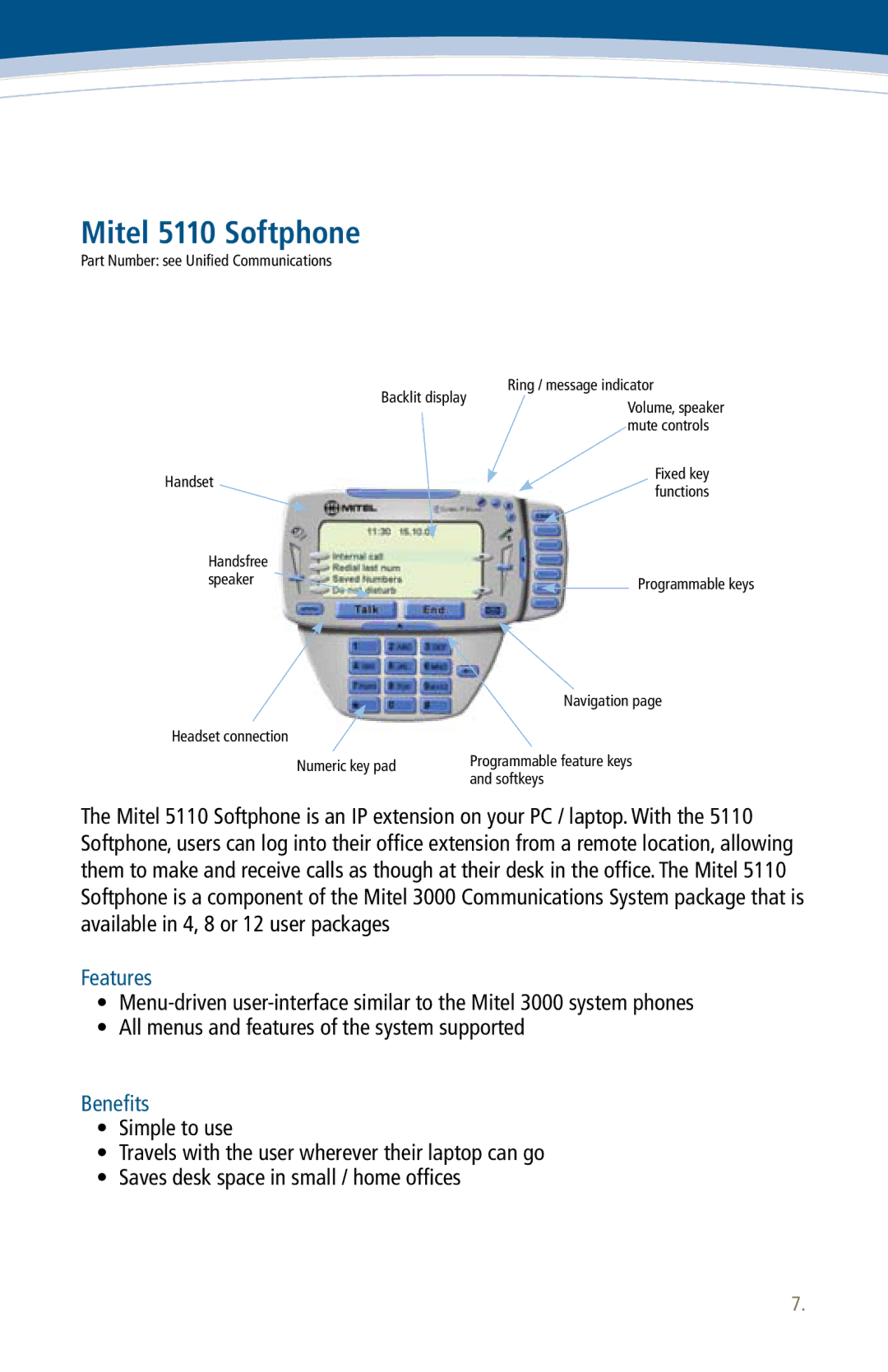 Mitel 3000 manual Mitel 5110 Softphone, Benefits 