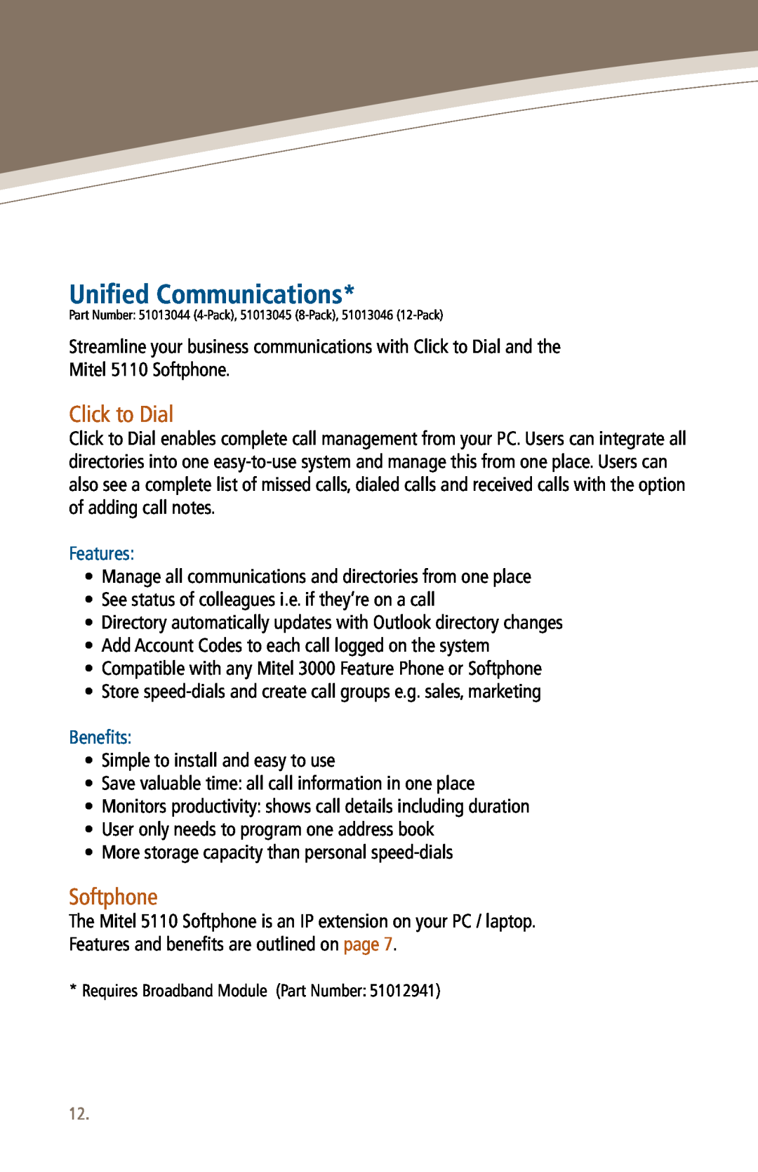 Mitel 3000 manual Unified Communications, Click to Dial, Softphone, Features, Benefits 